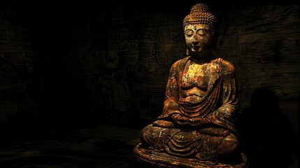 Obraz premium A golden Buddha statue sitting in a meditative pose against a dark background.