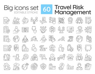 Travel risk management linear icons set. Protecting business travelers on journeys. Safety providing. Customizable thin line symbols. Isolated vector outline illustrations. Editable stroke