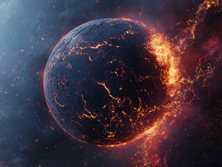 Fiery Exoplanet: A distant world ablaze with cosmic energy and geological upheaval, set against a starry backdrop. Captivating cosmic drama.