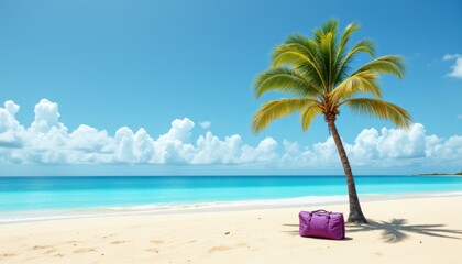 Obraz premium Tropical Beach Scene with Palm Tree and Luggage under Clear Blue Skies and Calm Ocean Waves