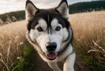 Fototapeta premium alaskan malamute dog running in the meadown