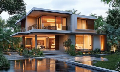 Obraz premium Modern Minimalist Tropical Villa Surrounded by Greenery with Evening Light Reflections