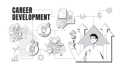Career development banner conceptual illustration. Personal growth, professional. Worker, employee. Training coaching. Abstract idea with stylized characters, outline icons. Monochrome vector