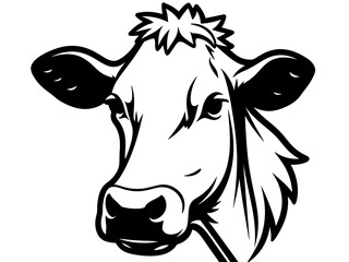 A black and white illustration of a cow's head, featuring the cow with its ears pointed upwards and a small tuft of hair on top of its head.