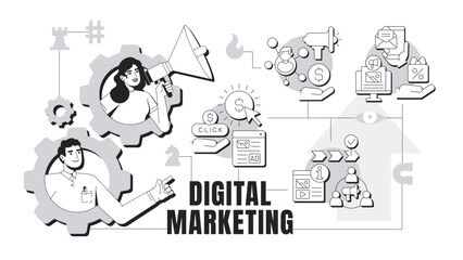 Digital marketing banner conceptual illustration. Social media, paid advertising. Paid clicks, ppc. Analytics, customers. Abstract idea with stylized characters, outline icons. Monochrome vector