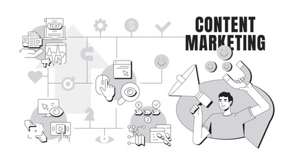 Content marketing banner conceptual illustration. Leads generation. Analytics, statistics. Advertising, promoting. Abstract idea with stylized character, outline icons. Monochrome vector