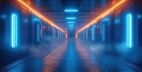 Fototapeta premium Futuristic Sci-Fi Corridor with Neon Lights and Glowing Atmosphere