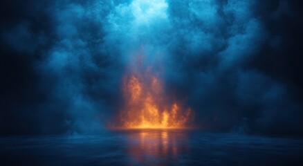 Fototapeta premium Blue Misty Dark Background with Smoke Fog Night Stage Reflection