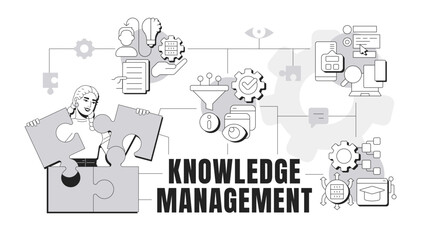 Knowledge management banner conceptual illustration. Learning process, education. Data organization, database. Abstract idea with stylized character, outline icons. Monochrome vector