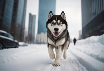 Fototapeta premium alaskan malamute dog running in a city in the winter