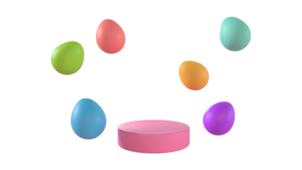 3d concept of falling colored easter eggs near the podium isolated on transparent background