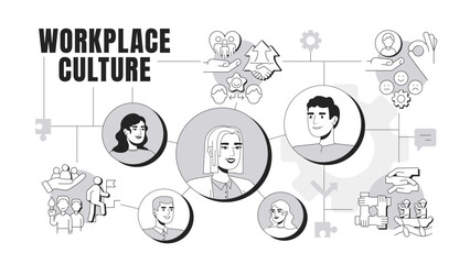 Workplace culture banner conceptual illustration. Workforce, colleagues. Workers cooperation, guidance. Partnership, support. Abstract idea with stylized characters, outline icons. Monochrome vector