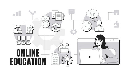 Online education banner conceptual illustration. Remote schooling, elearning. Distance learning. Graduation, knowledge. Abstract idea with stylized character, outline icons. Monochrome vector