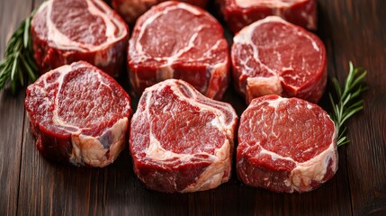 Beef cuts chart concept. Precision cuts of beef long title A close up view of various fresh raw beef cuts arranged on a wooden surface showcasing the natural