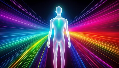 An invisible figure outlined only by their shifting, multicolored aura, creating a surreal and ethereal presence