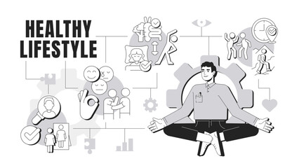 Healthy lifestyle banner conceptual illustration. Vegetarian diet, healthcare. Mental wellness. Exercise, sport. Abstract idea with stylized character, outline icons. Monochrome vector