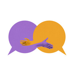 Two speech bubbles intersect with hands extending from each, reaching for a handshake, symbolizing dialogue and connection in communication. Concept of communication, teamwork. Photocopy effect