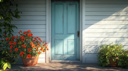 Fototapeta premium Sunny porch, teal door, flowers, house exterior, summer