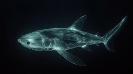 Naklejka premium an extremely rare ghost shark swimming through the deep, its translucent skin revealing faint glowing patterns as it moves through the inky blackness of the abyss. 