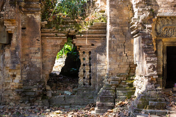 Visible Cracks and Crumbling Masonry of a Medieval Khmer Temple