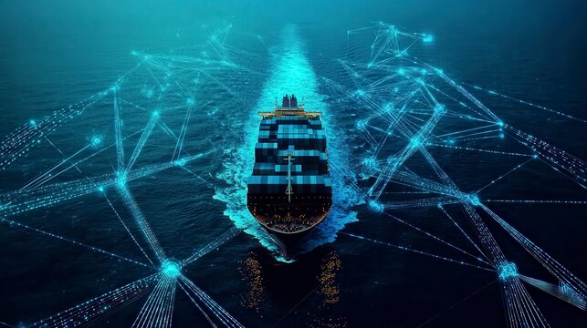 Container ship crossing ocean with digital overlays