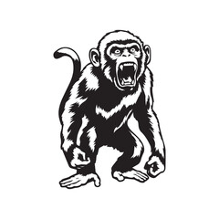 A silhouette of a angry monkey roaring On white background