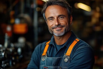 Obraz premium Portrait of a happy mechanic smiling in a vibrant workshop with stylish attire and natural pose