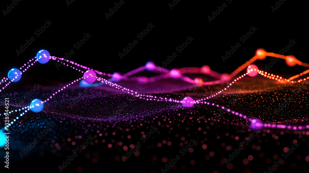 Poster a vibrant, abstract representation of data waves with glowing dots and lines in shades of blue, purp