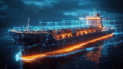 Obraz premium Futuristic Cyberpunk Container Ship with Neon Glow and Wireframe Structure