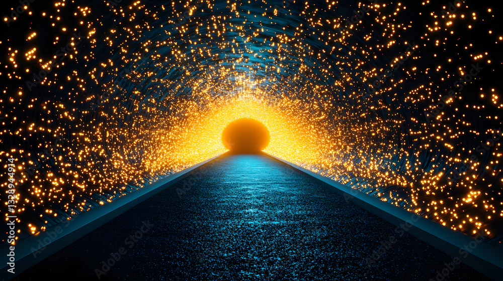 Aufkleber a vibrant tunnel of light leads towards a glowing orb, surrounded by sparkling particles, creating a