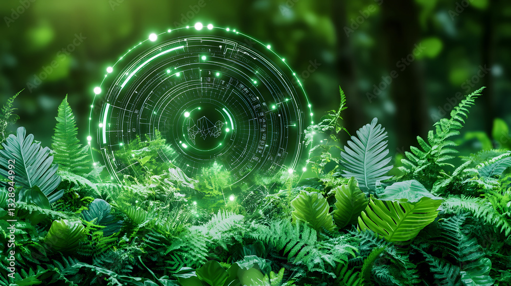 Poster a lush green forest scene featuring ferns and glowing circular patterns, evoking a sense of magic an