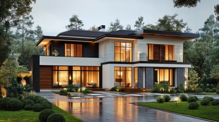 Fototapeta premium Modern Luxury Villa with Photorealistic Architecture and Contemporary Landscaping