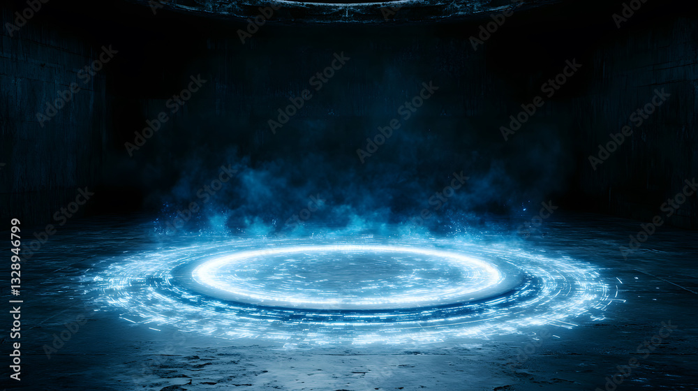 Poster a glowing blue circle surrounded by mist in a dark environment, suggesting a portal or energy source