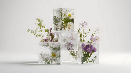 transparent ice cubes with different flowers and herbs inside