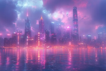 Obraz premium Hong Kong Night Skyline Modern Coastal Cityscape with Neon Lights