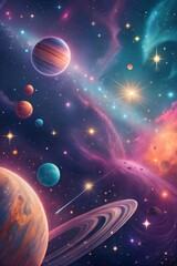 Vibrant cosmic scene with colorful space elements and stars