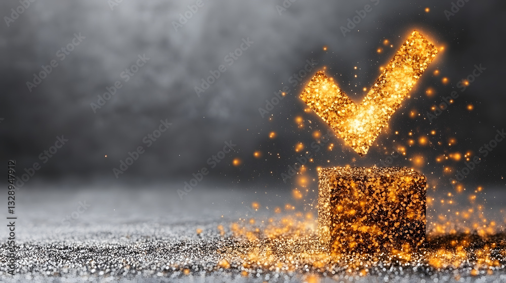 Poster A glowing golden check mark appears above a shimmering box, symbolizing approval and positivity against a soft-focus background