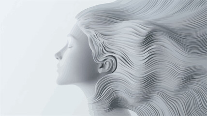 A close-up, three-quarter profile view of a monochromatic white sculpture depicting a woman's head and shoulders. The sculpture is rendered in a smooth, almost liquid style, with the hair depicted