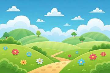 Fototapeta premium Cartoon landscape, rolling hills, path, flowers, trees, bright sky