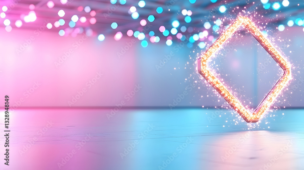 Poster A glowing diamond shape sparkles against a colorful backdrop of blue and pink lights, creating a vibrant and modern atmosphere