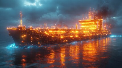 Futuristic Cargo Ship with Neon Glowing Wireframe and Digital Grid Overlay in Cyberpunk Style