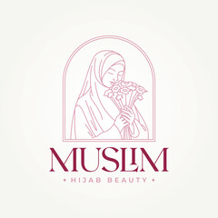 minimalist muslim hijab beauty line art icon badge logo vector illustration design. simple modern fashion boutique emblem logo concept