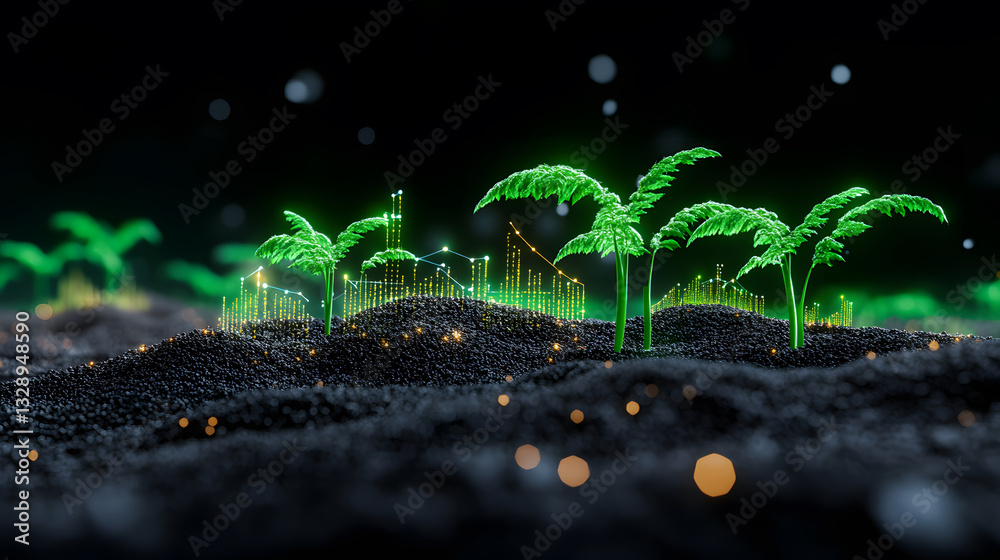 Poster a surreal depiction of glowing green palm trees sprouting from a dark, textured surface, creating an