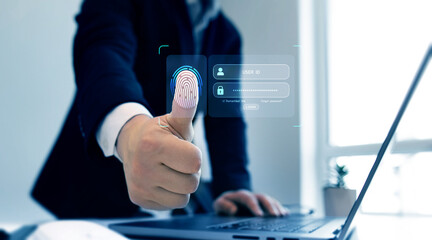 Fingerprint scanning allows access security and identification big data.Cyber ​​security technology on Internet. Biometric authentication of personal account. Biometric secure personal data access