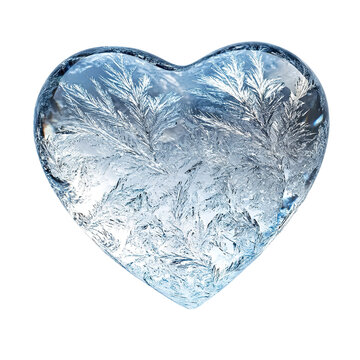 A heart-shaped block of ice featuring intricate frost patterns, symbolizing a cold and crystalline romance.
