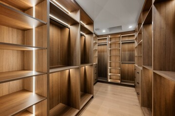 High-End Walk-In Closet with Custom Wood Shelving.