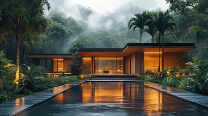 Fototapeta premium Modern Minimalist Tropical House Surrounded by Lush Greenery and Palm Trees with Evening Lighting