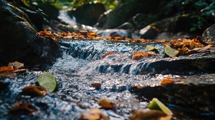 Fototapeta premium Tranquil Stream Flowing Over Rocks with Fresh Lime Slices and Autumn Leaves in a Lush Forest Environment