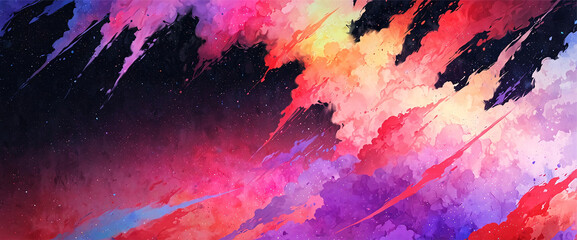 Vibrant explosion of color streaks across a dark backdrop, like paint thrown against a night sky