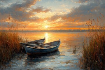Fototapeta premium Serene Lakeside Sunset with Small Boats on Muddy Shore Surrounded by Reeds in Karelia